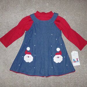 NWT VTG KT KIDS SANTA 2PC DENIM JUMPER DRESS SZ 2T